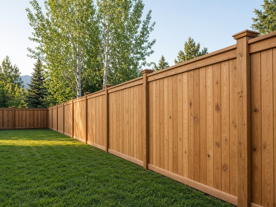 Illustrated cedar privacy fence in a yard